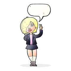 cartoon cool girl giving peace sign with speech bubble