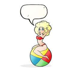 cartoon pin up girl sitting on ball with speech bubble