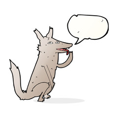 cartoon wolf licking paw with speech bubble