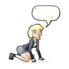 cartoon woman on hands and knees with speech bubble
