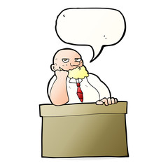 cartoon bored man at desk with speech bubble