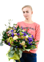 young beautiful woman with a bunch of color bouquet, Isolated on