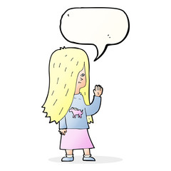 cartoon girl with pony shirt waving with speech bubble
