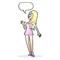 cartoon woman in pink dress with speech bubble