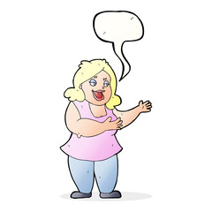 cartoon happy fat woman with speech bubble