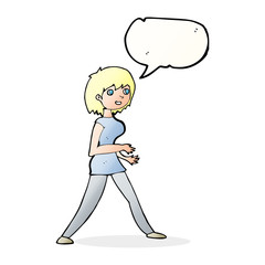 cartoon woman walking with speech bubble