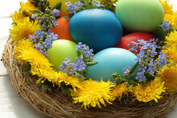 Easter eggs basket and easter spring flowers basket