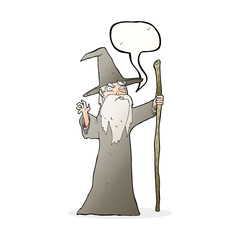 cartoon old wizard with speech bubble