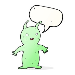 cartoon happy little alien with speech bubble