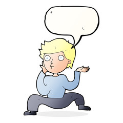 cartoon boy doing crazy dance with speech bubble
