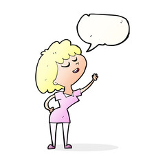 cartoon happy woman about to speak with speech bubble