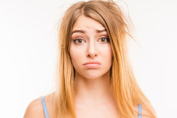 Naklejka premium Upset girl with problem hair