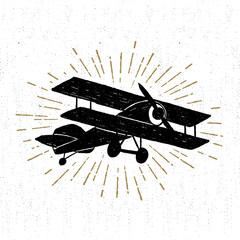 Hand drawn vintage icon with biplane vector illustration. © SlothAstronaut