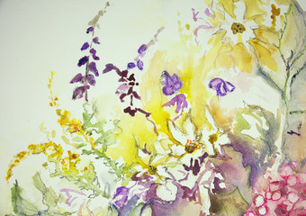 Impression of a mix of wild flowers. The dabbing technique near the edges gives a soft focus effect due to the altered surface roughness of the paper.