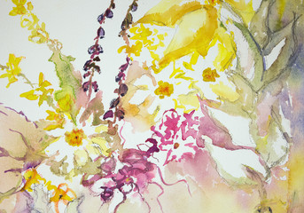 Impression of wild flowers against a white background. The dabbing technique near the edges gives a soft focus effect due to the altered surface roughness of the paper.