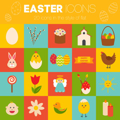 Celebration easter Icons. Flat styled objects set. Rabbit, birds, eggs, flowers and other symbols of spring. Vector illustration