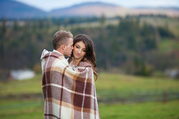 elegant stylish happy brunette bride and gorgeous groom in the c