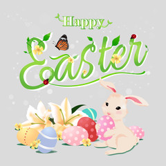 Happy Easter typographical background with bunny rabbit, isolate