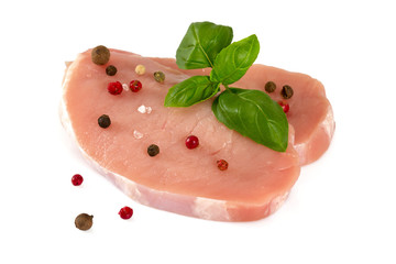 raw pork pieces isolated on white background