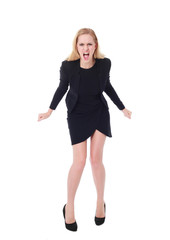 Fototapeta premium Full length portrait of an attractive professional woman wearing black dress suite and heels, isolated on a white background.