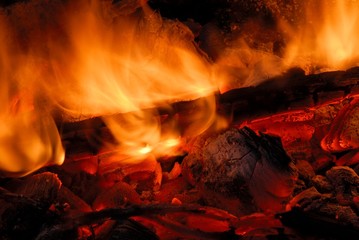 Hot coals and fire in the campfire.