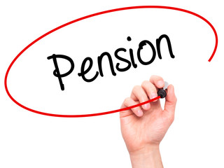 Man Hand writing  Pension with black marker on visual screen