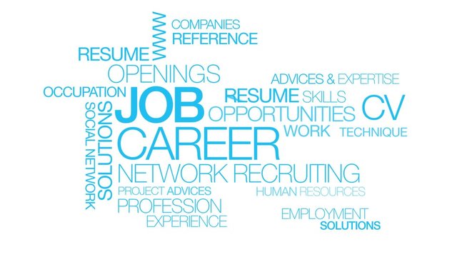 Job carrer profession network recruiting blue text white background tag cloud animation 