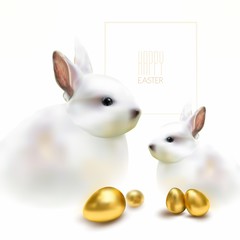 Easter rabbits with golden eggs, vector illustration.