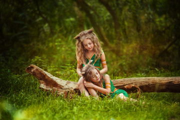 small forest dwellers, Druids, fabulous creatures, kittens girl peeping from behind the lush...