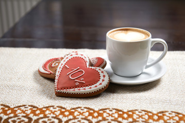 Amazing morning. High angle closeup of a Valentine’s day breakfast on the table coffee with cookies served