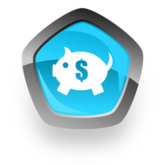 piggy bank blue metallic chrome web pentagon glossy icon