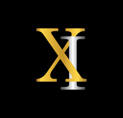 XI initial letter with gold and silver