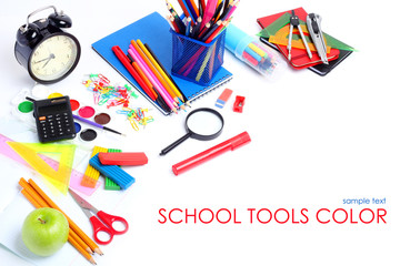 School supplies tools pencils crayons colorful assortment isolated white background
