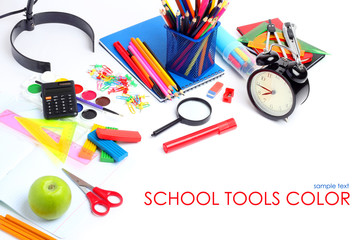 School supplies tools pencils crayons colorful assortment isolated white background
