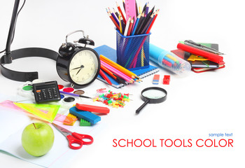 School supplies tools pencils crayons colorful assortment isolated white background
