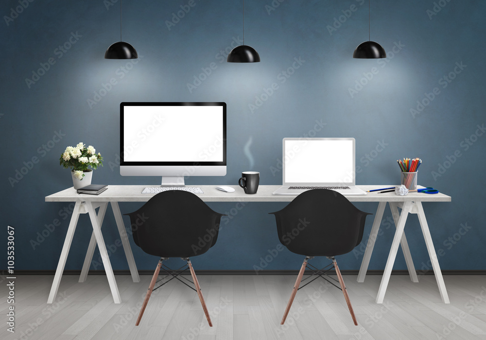 Canvas Prints computers on the desk in the office. workplace with pc and laptop isolated displays for mock up. cha