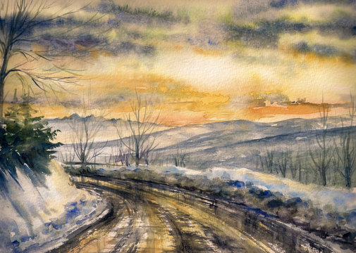 Winter landscape with road in mountains. Picture created with watercolors on paper.