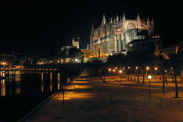 La Seu, Catedral de Palma de Mallorca por la noche, Parc de la Mar, palmeras y farolas 