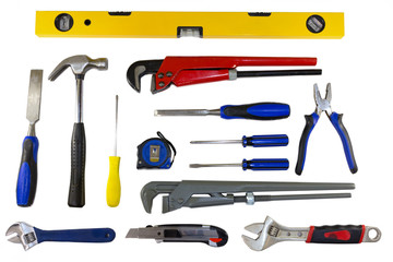 Group of construction tools on white isolated