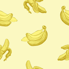 Seamless wallpaper pattern with bananas engraving drawing. Fruit