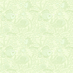Green hand drawn fishes. Wallpaper textile seamless fish pattern