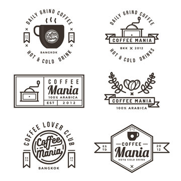Set of coffee shop labels, banner, ribbon, logo and badges. Flat design vector illustration.