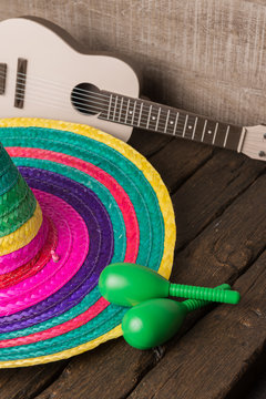 Mexican sombrero on wood background