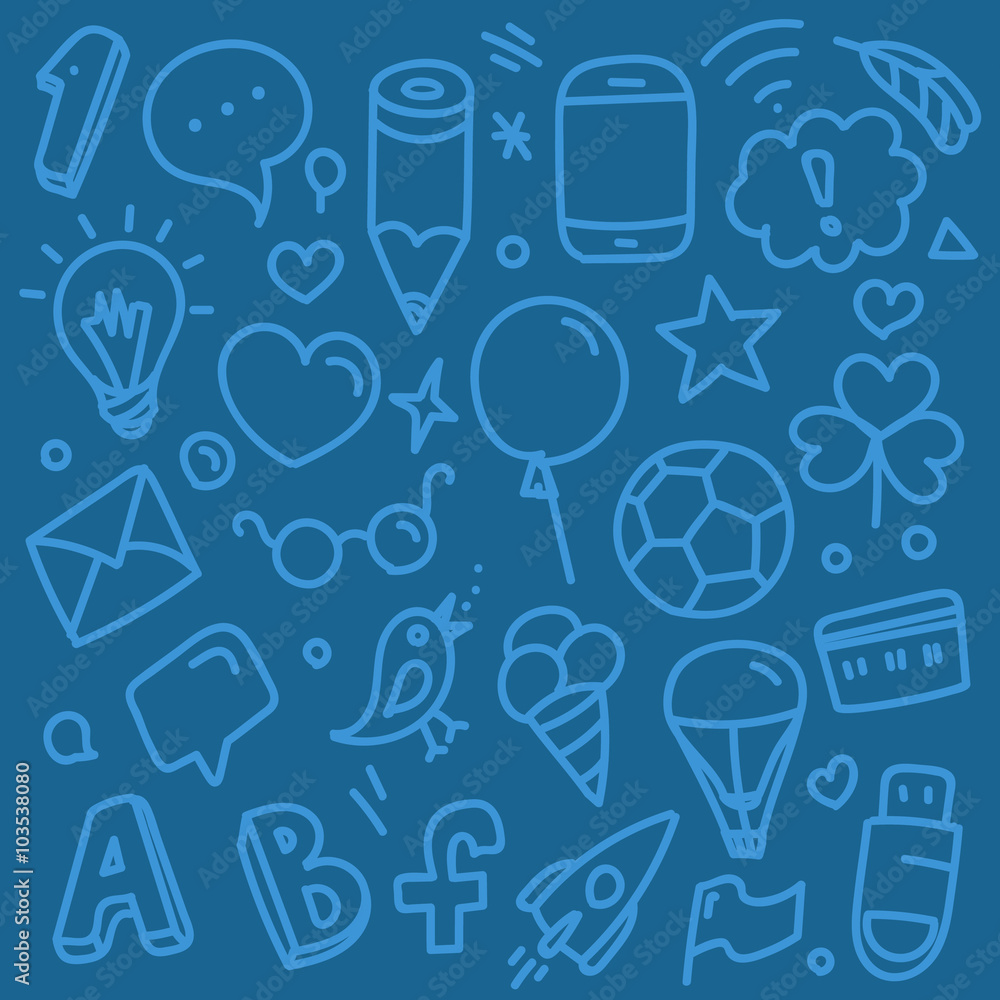 Poster Different hand-drawn doodle elements pattern. Abstract seamless