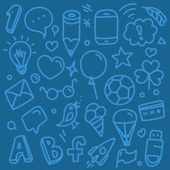 Different hand-drawn doodle elements pattern. Abstract seamless