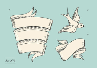 Fototapeta premium Set of old vintage ribbon banners and drawing in engraving style. Hand drawn design element. Vector Illustration.