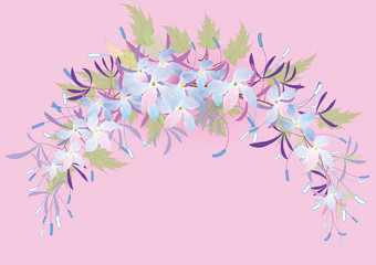 blue flowers with green leave for border or frame on pink background,vector illustration