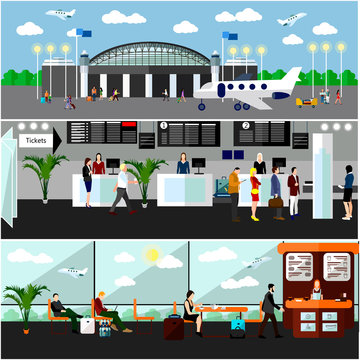 Airport terminal concept vector illustration. Air ticket office, check-in counters and waiting area