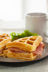 waffes ham cheese sandwich in plate