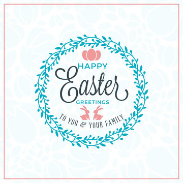 Happy Easter. Vector Vintage Holiday Badge. Vector Template for Greeting Card. Floral Background. Happy Easter Day, Easter Sunday, Easter Greeting Card